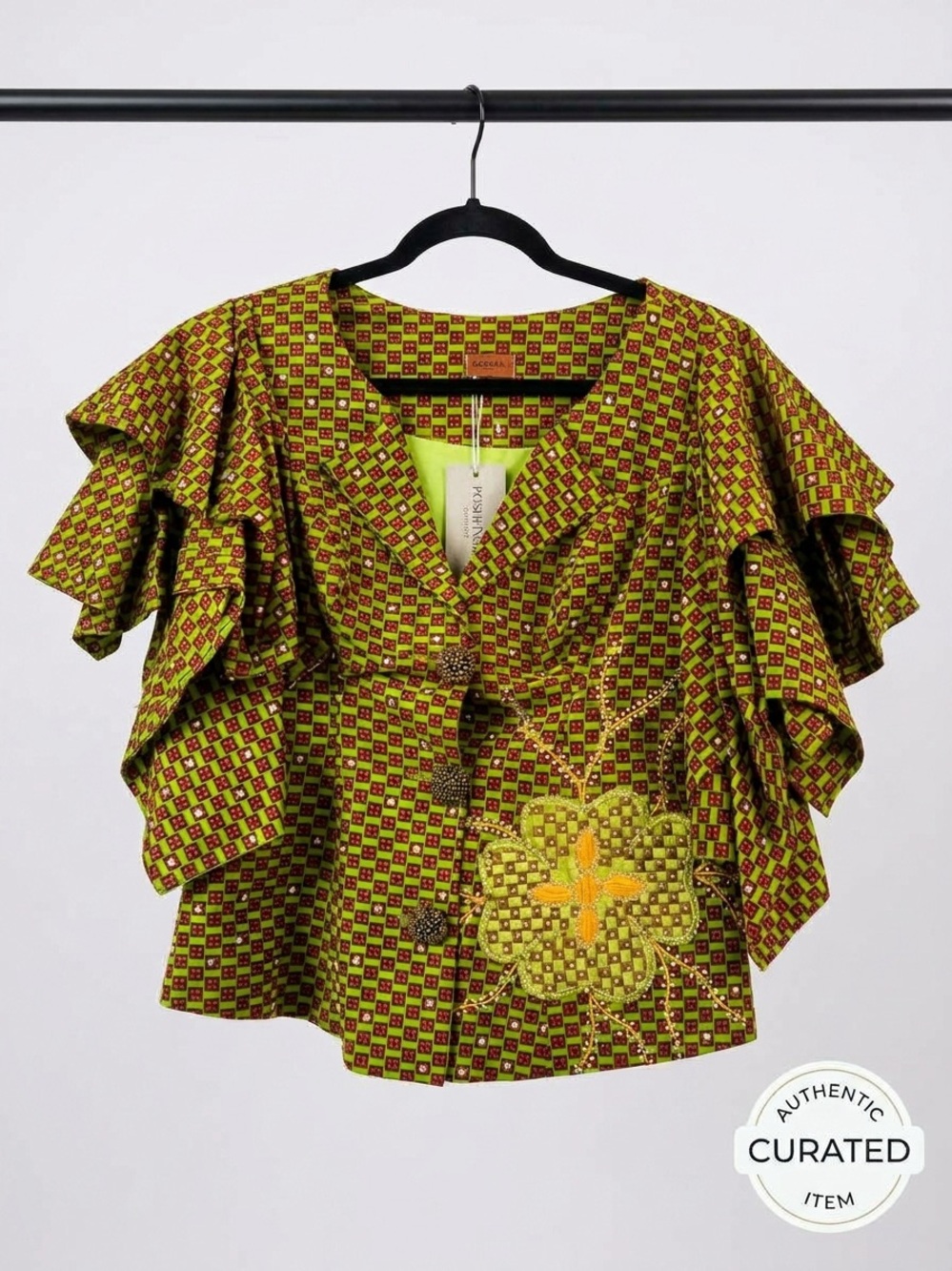 African print Embellished Ruffle Sleeve Women's Top - Green Pattern